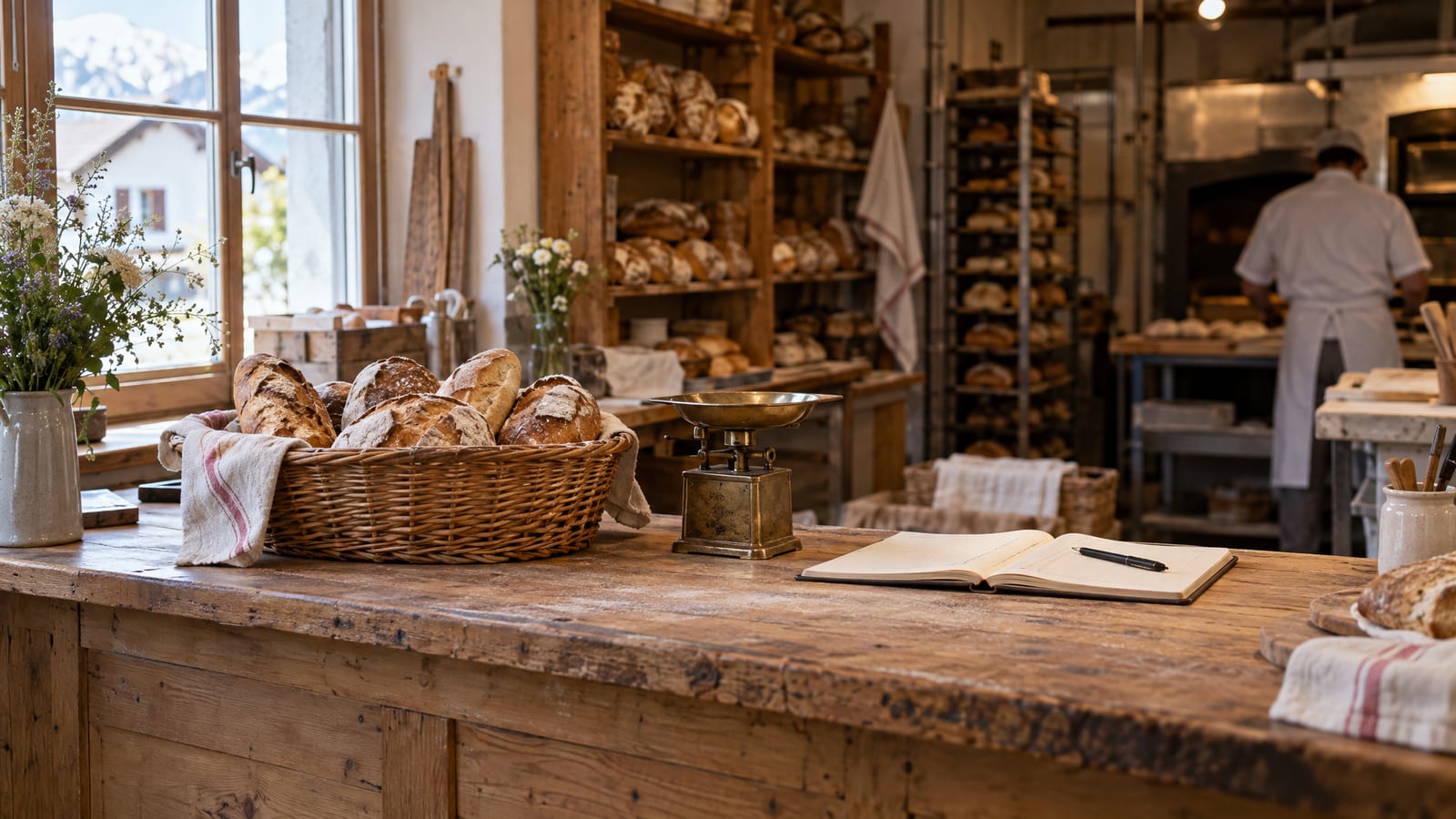 Holztisch in einer kleinen Bäckerei mit aufgeschlagenem Heft, Stift, Messingwaage und einem Korb frischem Brot im Tageslicht.