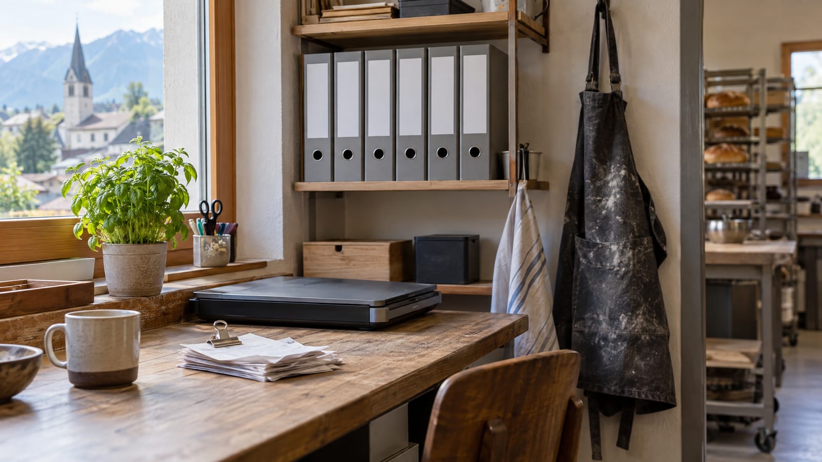 Bureau en bois dans une boulangerie avec des quittances en papier, un scanner fermé et des classeurs gris sur une étagère, à côté d'un tablier enfariné accroché.