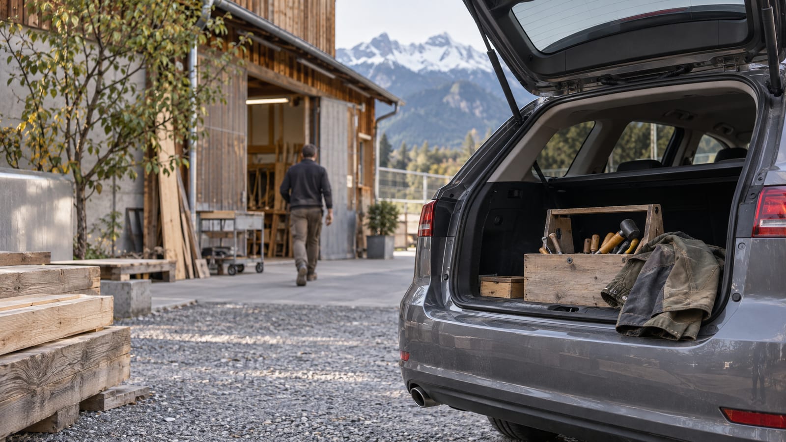 A grey estate car with its tailgate open is parked in front of a timber workshop, a crate of tools in the boot, while a person seen from behind walks toward the door in the background.