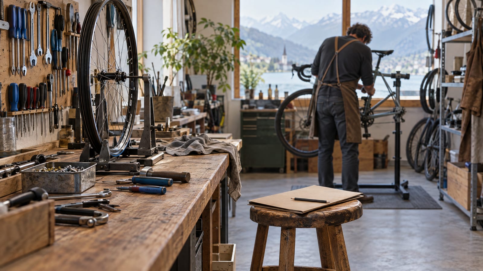 Kleine Fahrradwerkstatt mit Werkbank, Handwerkzeug und einem Laufrad im Zentrierständer, im Hintergrund ein Mechaniker von hinten an einem Rad.