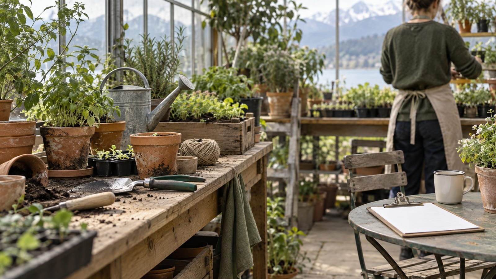 Gewächshaus einer kleinen Gärtnerei mit Holztisch, Tontöpfen, Setzlingen und Giesskanne, im Hintergrund eine Person von hinten beim Pflanzen.